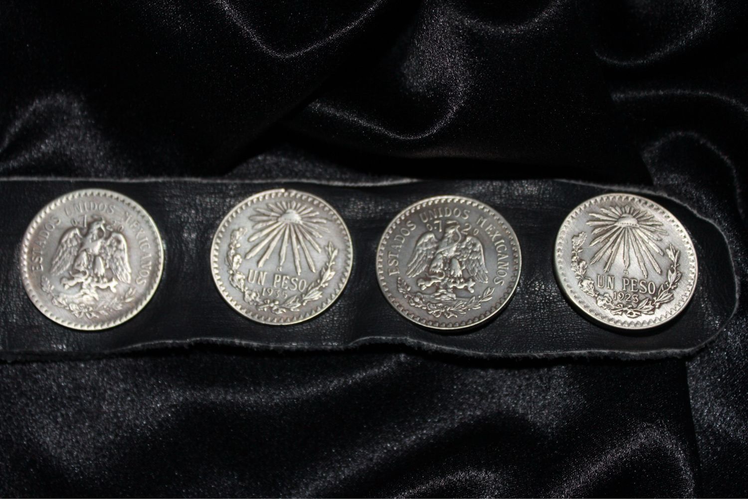 Mexican Cap &amp; Ray Silver Peso Leather Belt
