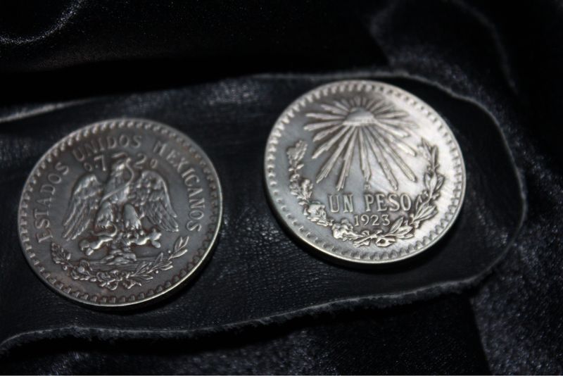 Mexican Cap &amp; Ray Silver Peso Leather Belt