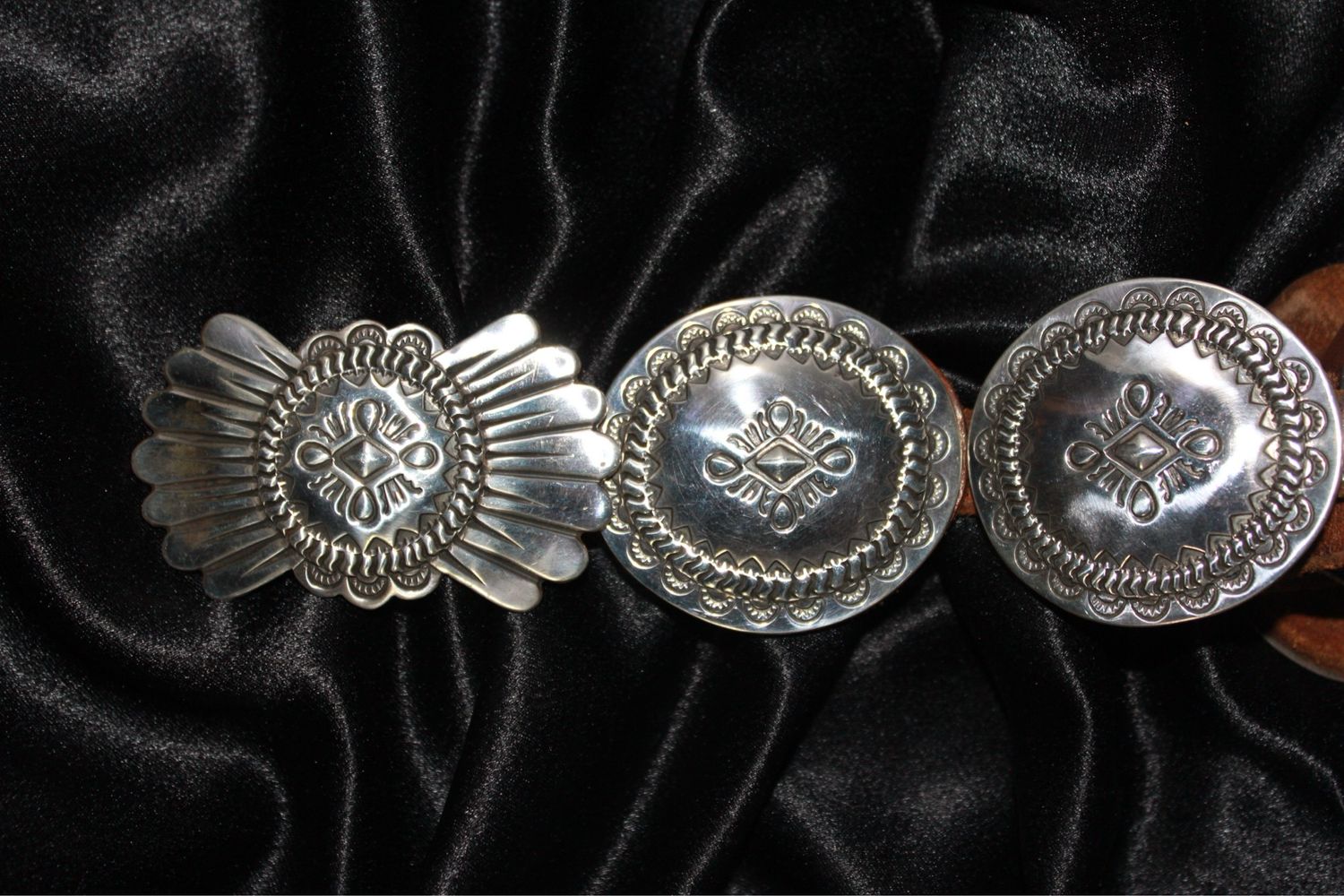 Sterling Silver Concho Belt on Brown Leather