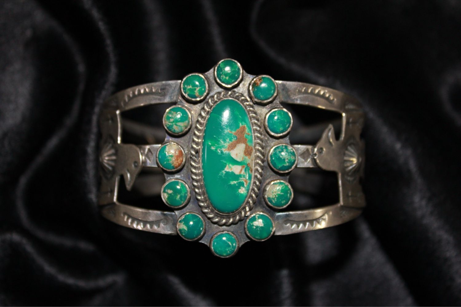 Fred Harvey Sterling Silver and Turquoise Thunderbird Cuff