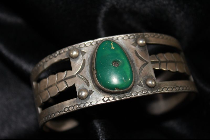 Sterling Silver and Natural Turquoise Stamped Bracelet