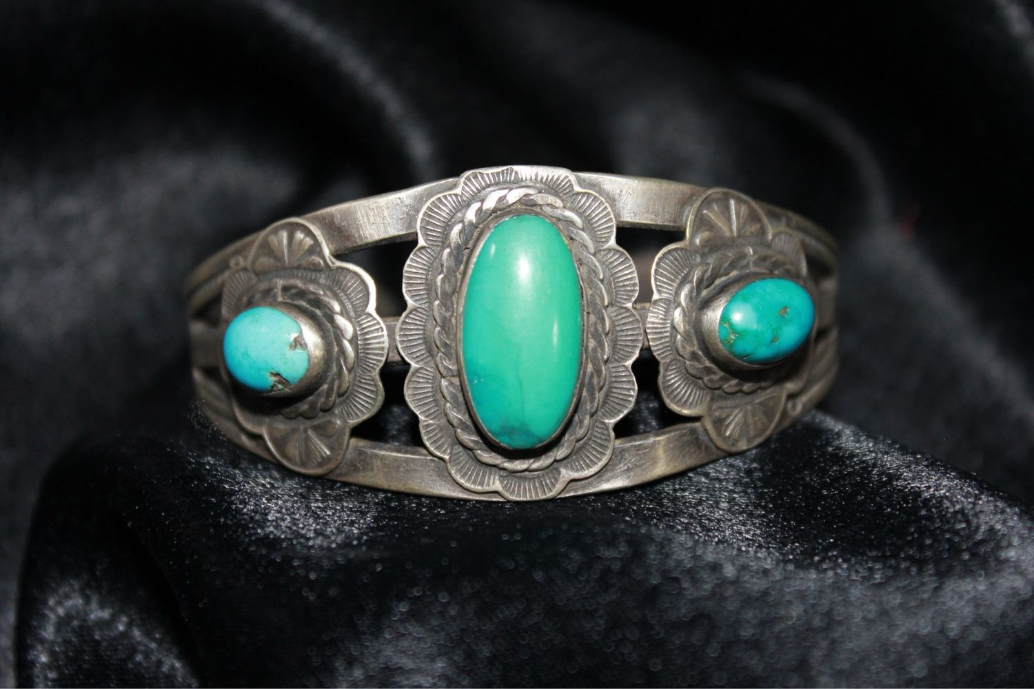 Sterling Silver and Turquoise Flower Shaped Cuff