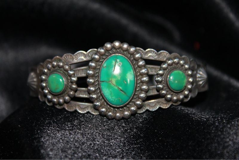 Sterling Silver and Turquoise Flower Shaped Stamped Cuff