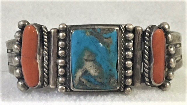 Sterling Silver, Coral and Turquoise Bracelet