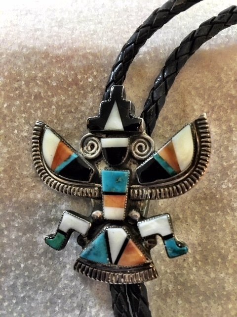 Zuni Vintage Sterling Silver and Inlaid Turquoise, Black Jet and Shell Bolo Tie