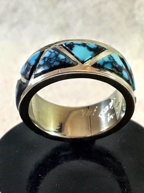 LM White Gold Band Inlaid with Natural Spider Web Turquoise (SO)
