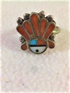 Sterling Silver with Inlaid Coral, Turquoise, Shell and Black Jet Headdress Ring
