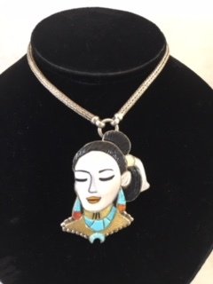 Tewa Sterling Silver inlaid with Gold Lipped Mother of Pearl, Mother of Pearl, Black Jet, Turquoise and Coral Pendant with chain