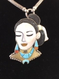 Tewa Sterling Silver inlaid with Gold Lipped Mother of Pearl, Mother of Pearl, Black Jet, Turquoise and Coral Pendant with chain