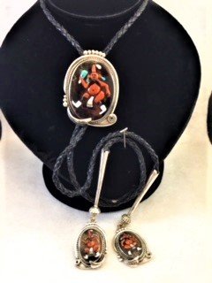 Sterling Silver, Coral Black Jet, Turquoise and Tortoise Shell, Mud Head Kachina Bolo Tie