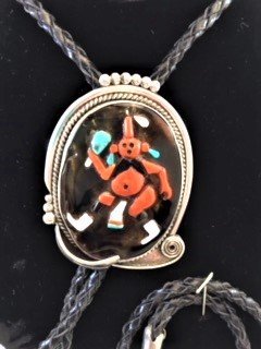 Sterling Silver, Coral Black Jet, Turquoise and Tortoise Shell, Mud Head Kachina Bolo Tie