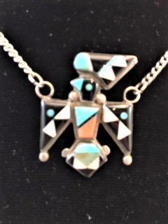 Zuni Sterling Silver Thunderbird Necklace inlaid with Turquoise, Black Jet and Coral