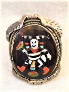 Zuni Sterling Silver Koshare Clown Dancer Bracelet inlaid with Black Jet, Coral, Shell, Serpentine and Tortoise Shell