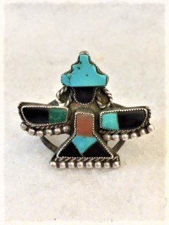 Zuni Sterling Silver, Turquoise, Coral and Black Jet Thunderbird Ring