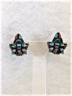 Sterling Silver, Coral. Turquoise, Black Jet and Shell Thunderbird Earrings
