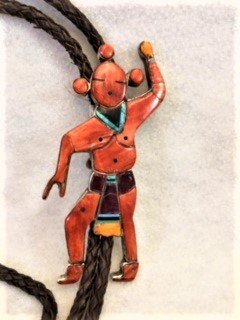 Mud Man Bolo Tie inlaid into Sterling Silver with Turquoise, Black Jet, Spiny Oyster and Sugilite.