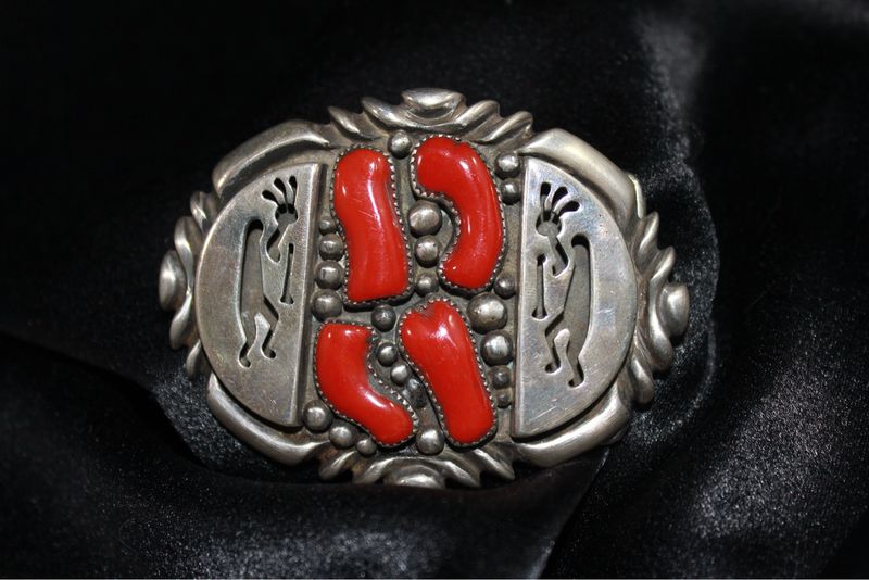 Wilson Begay Navajo Silver Coral Kokopelli Buckle