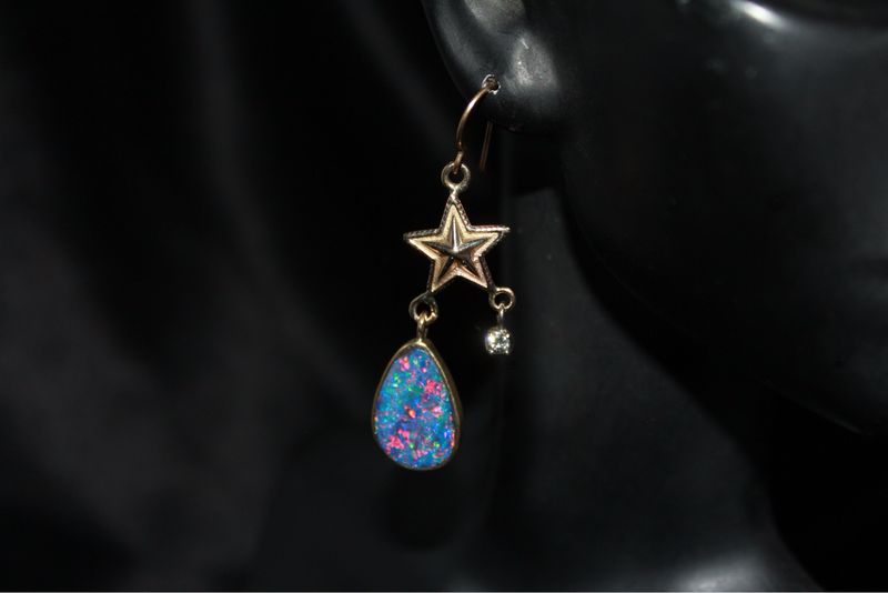 LM 14K + 18K, Australian Opal + Diamond Star Earrings