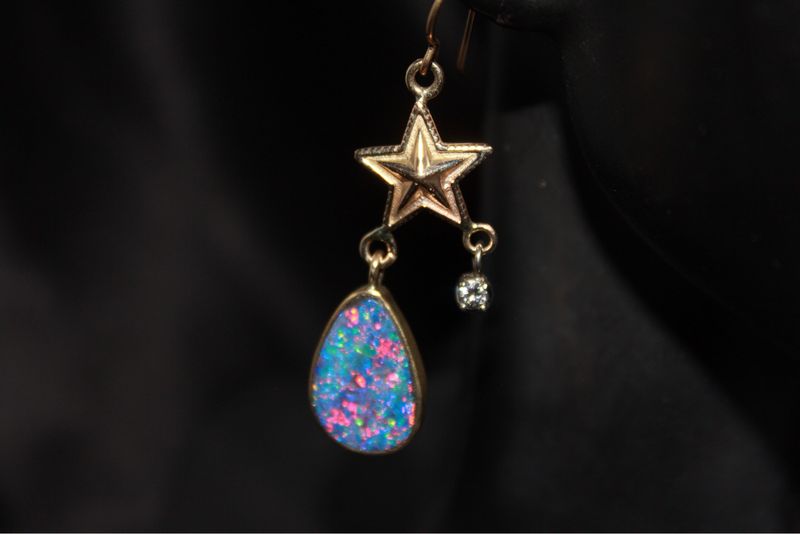 LM 14K + 18K, Australian Opal + Diamond Star Earrings