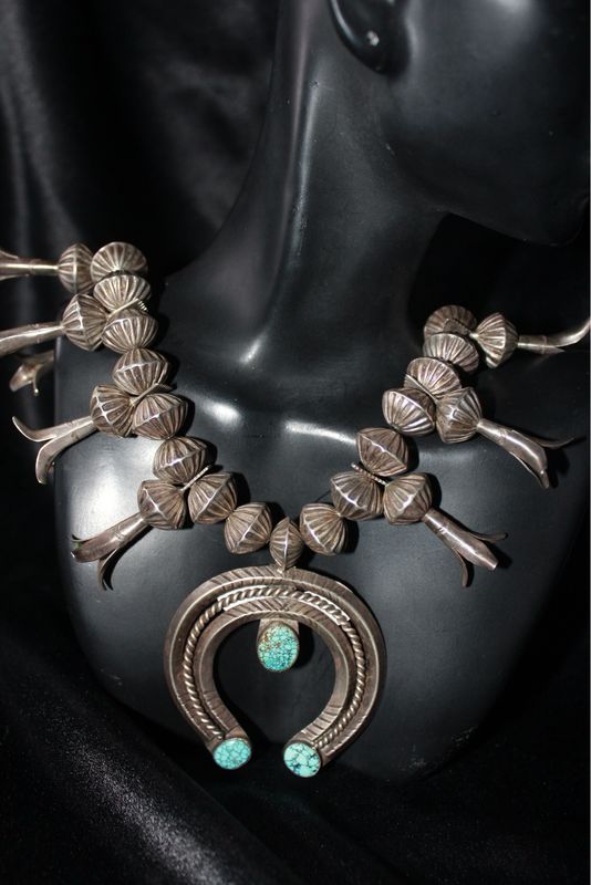 Sterling Silver and Spiderweb Turquoise Squash Blossom
