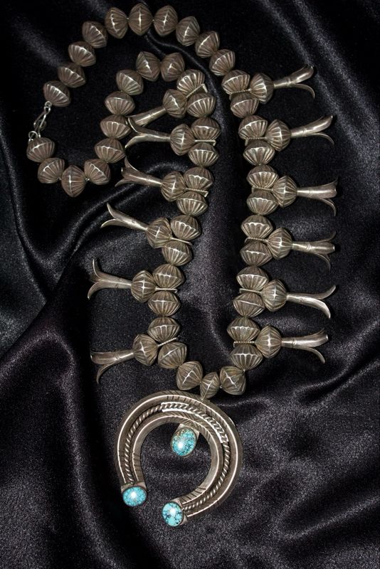 Sterling Silver and Spiderweb Turquoise Squash Blossom