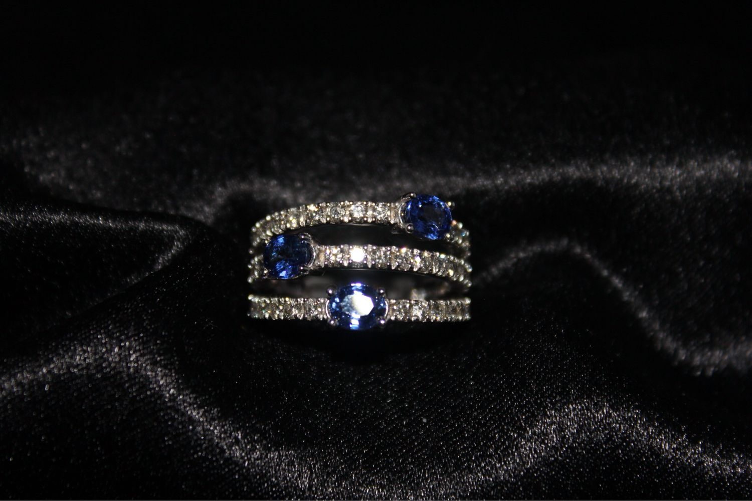14K White, Sapphire and Diamond 3 Split Ring
