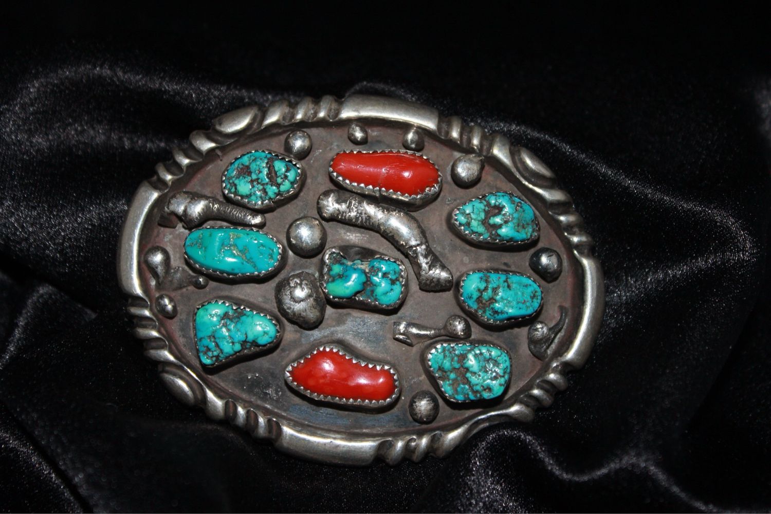 Sterling Silver, Turquoise + Coral Belt Buckle