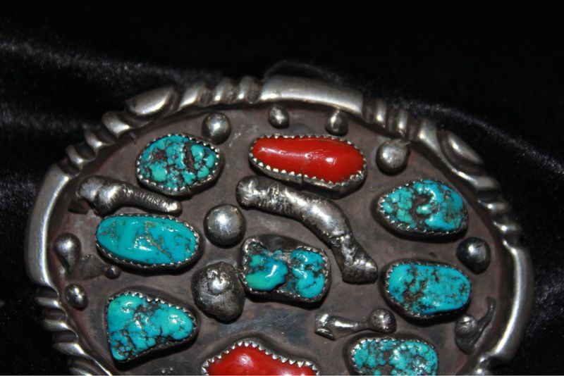 Sterling Silver, Turquoise + Coral Belt Buckle