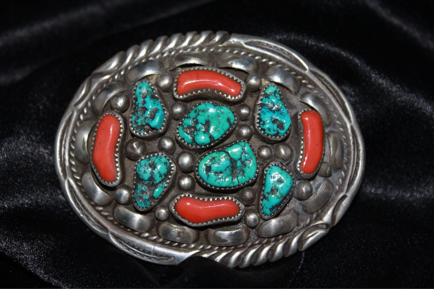 Sterling Silver, Coral + Turquoise Belt Buckle
