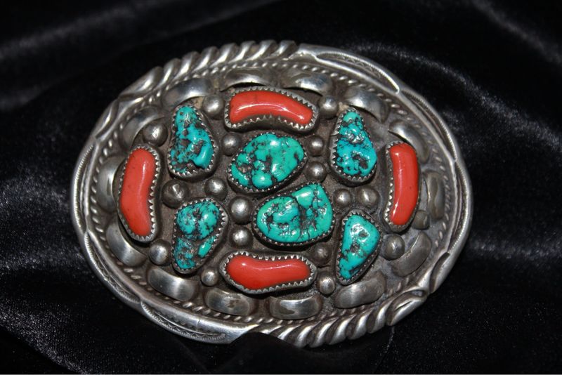 Sterling Silver, Coral + Turquoise Belt Buckle