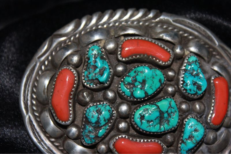 Sterling Silver, Coral + Turquoise Belt Buckle