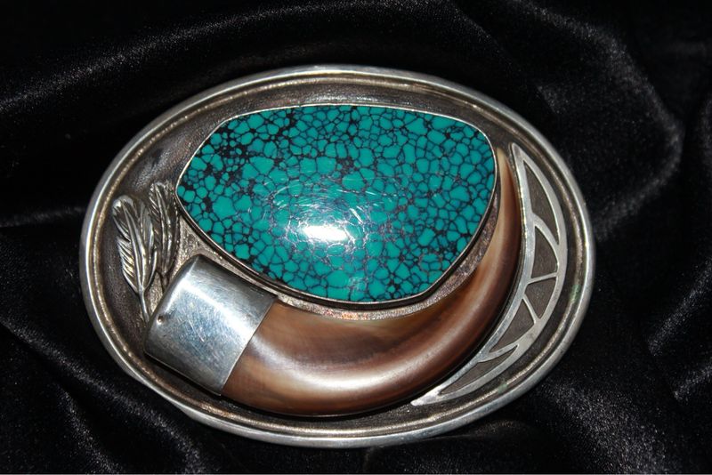 Sterling Silver, Turquoise and Grizzly Claw Belt Buckle