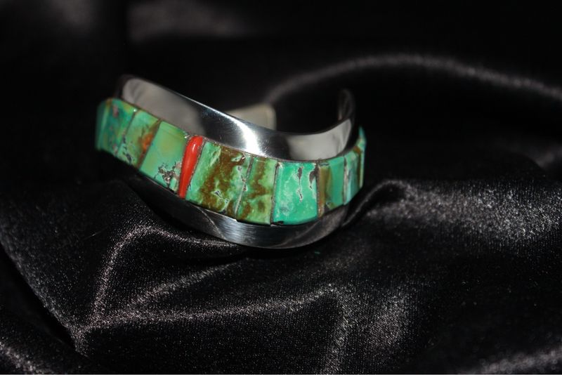 Sterling Silver, Coral and Turquoise Hopi Cuff