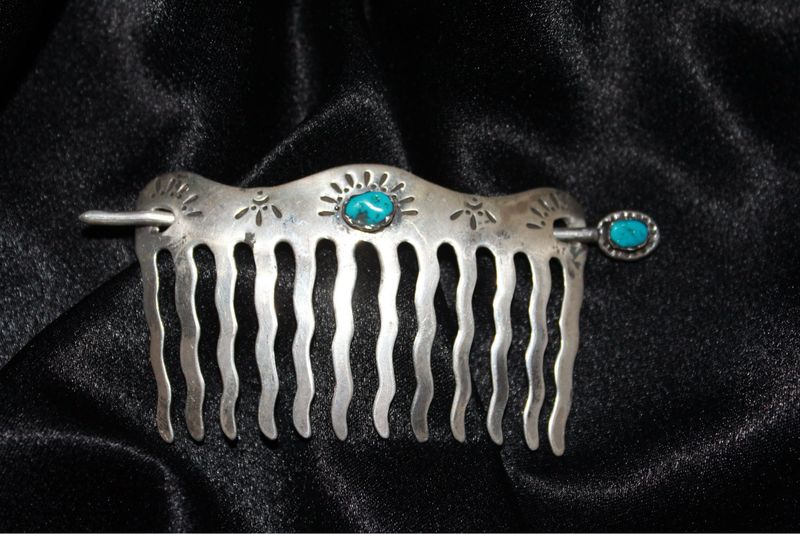 Sterling Silver and Turquoise Stamped Hair Piece
