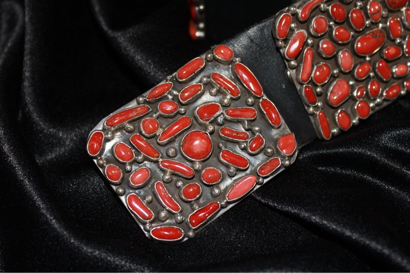 Beautiful Sterling Silver and Coral Rectangle Concho Belt