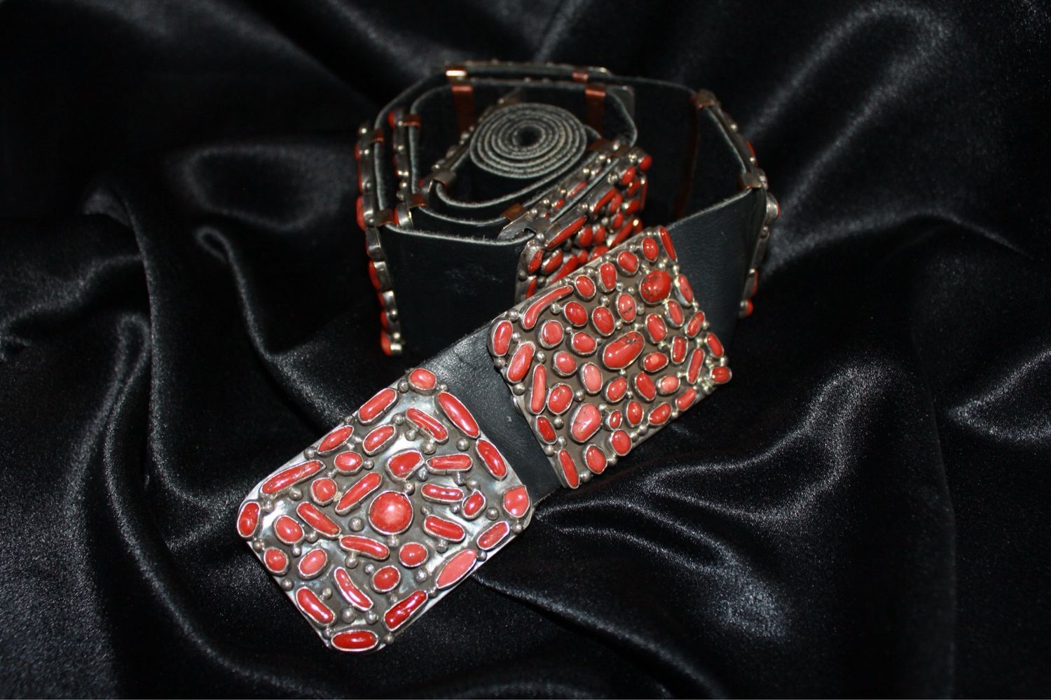 Beautiful Sterling Silver and Coral Rectangle Concho Belt