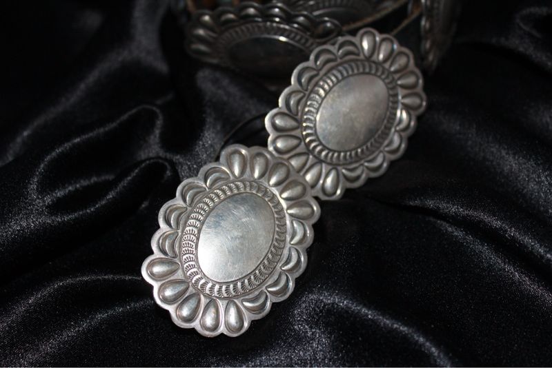 Sterling Silver Stamped Conchos on Black Leather