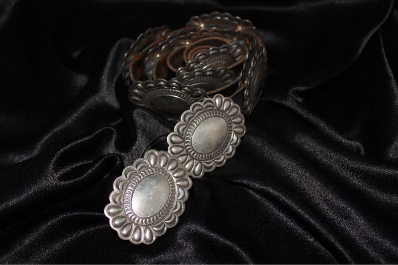 Sterling Silver Stamped Conchos on Black Leather