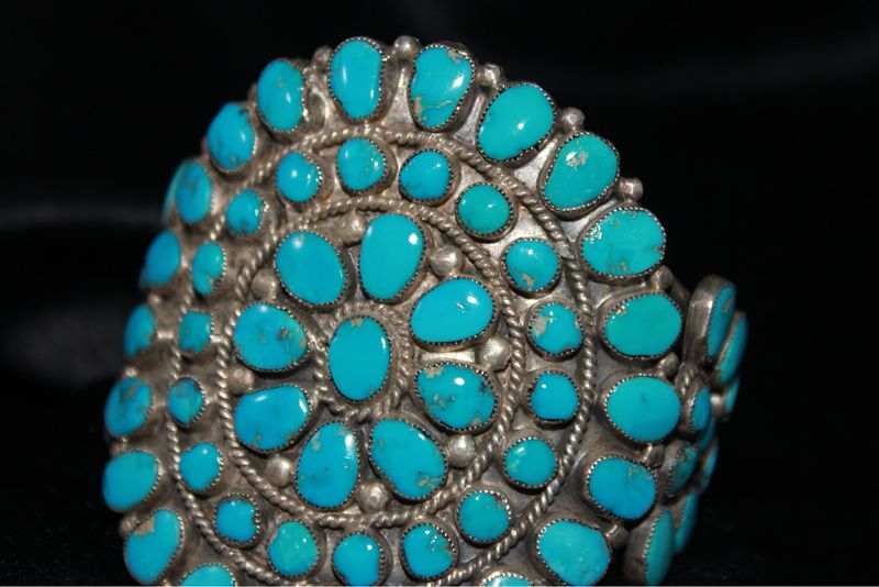 Navajo Sterling Silver and Blue Gem Turquoise Cluster Bracelet