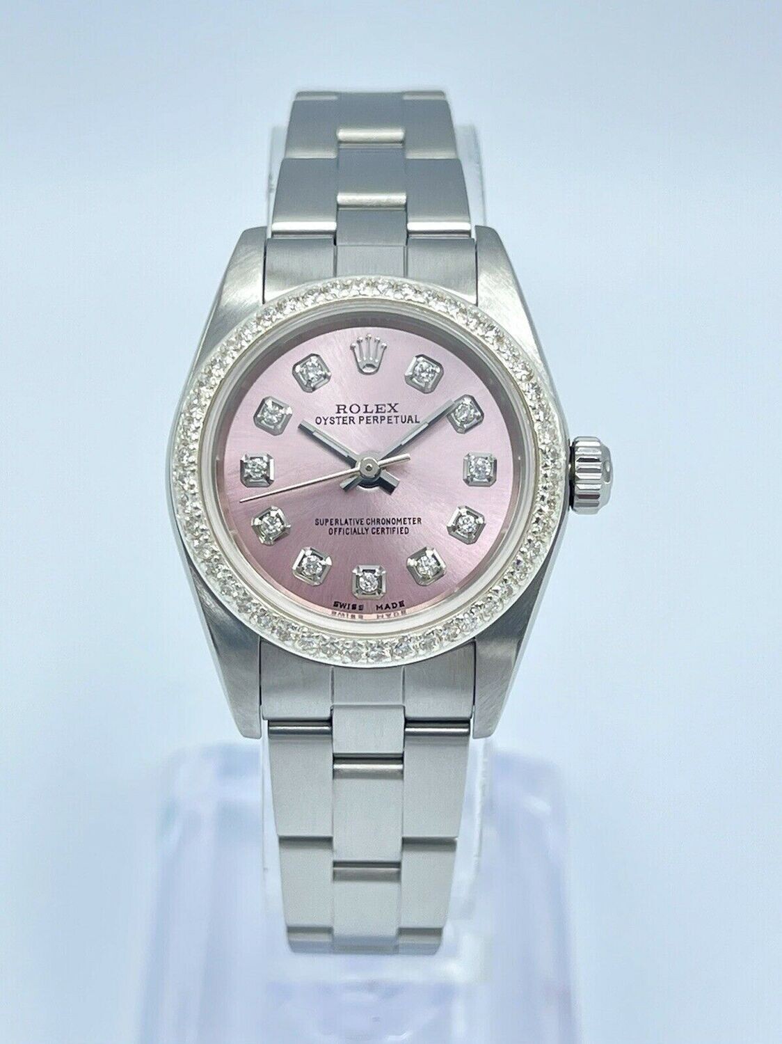 Pink Rolex 76080 Oyster Perpetual 24mm Diamond Dial Diamond Bezel Ladies Watch