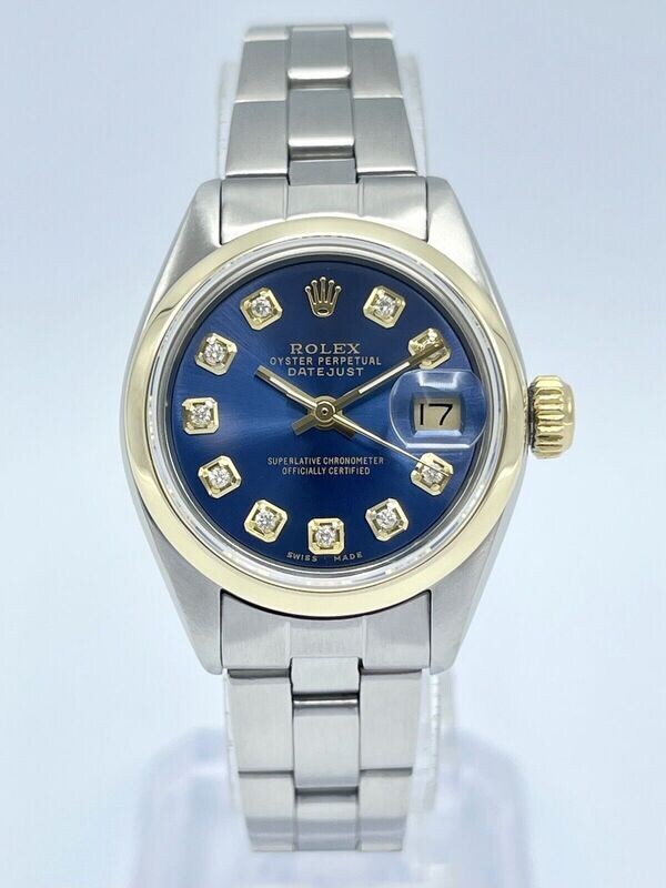 Rolex Datejust Ladies 26mm 6916 Blue Diamond Dial Yellow Gold Two Tone Smooth