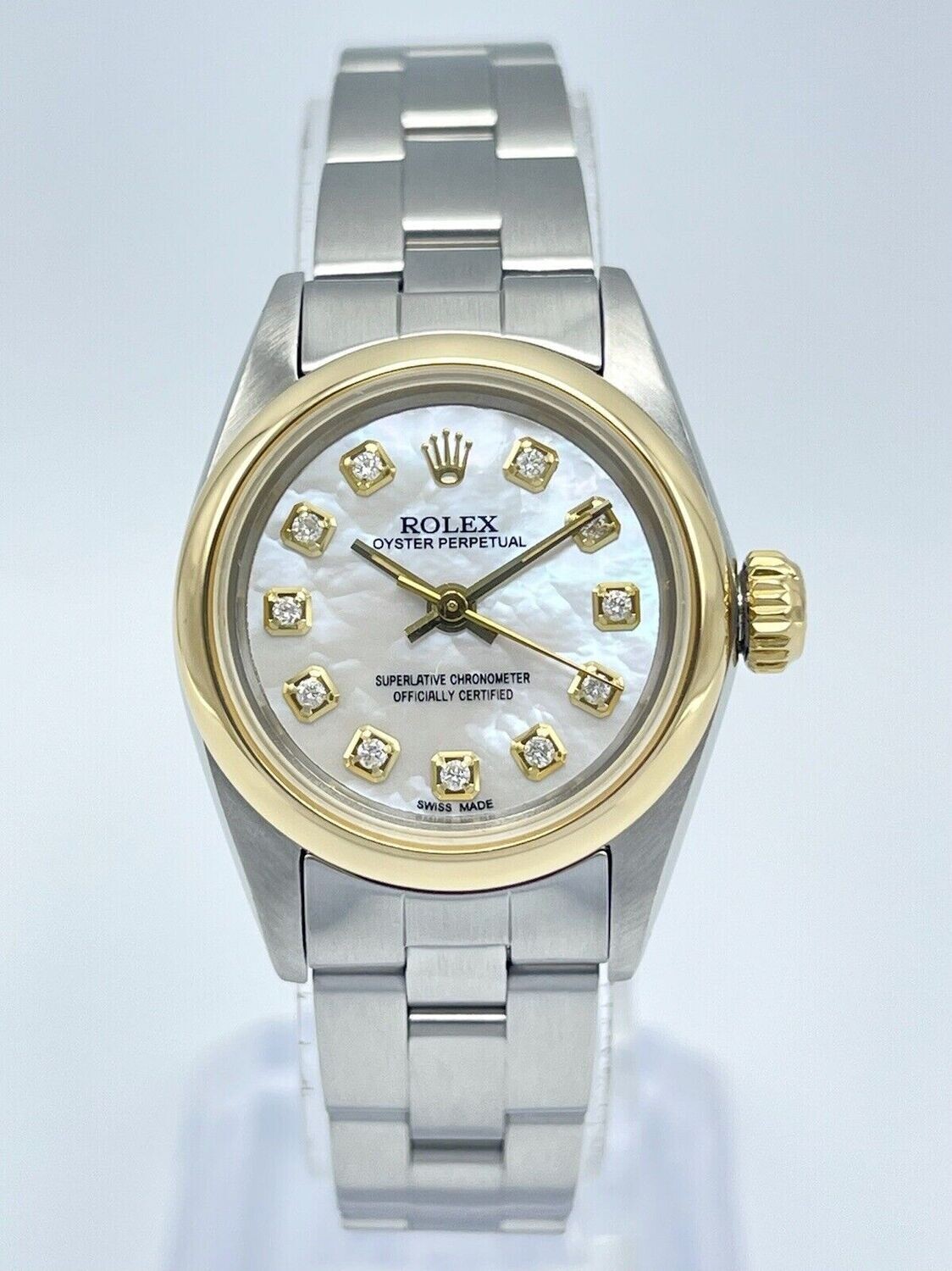 Ladies Rolex Oyster Perpetual 67183 24mm MOP Diamond Dial Watch Two Tone