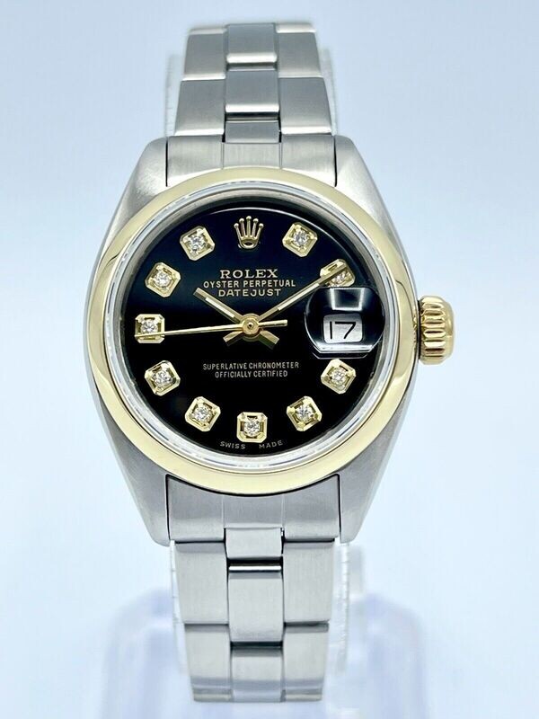 Rolex Datejust Ladies 26mm 6917 Black Diamond Dial Yellow Gold Two Tone Smooth