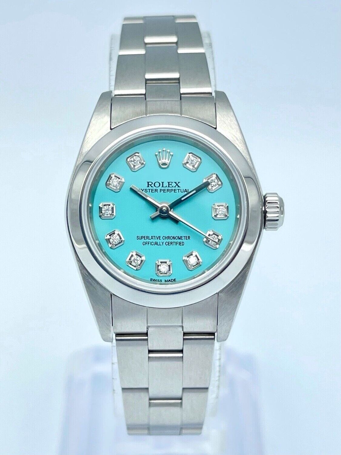 Ladies Rolex Oyster Perpetual 76080 24mm Tiffany Blue Diamond Dial Watch Box