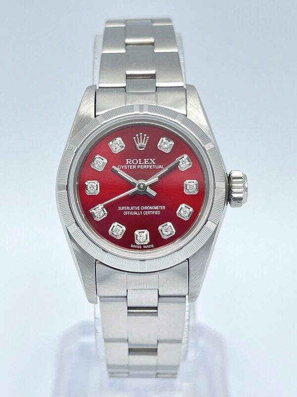 Ladies Rolex Oyster Perpetual 67230 24mm Red Diamond Dial Box Engine Turned