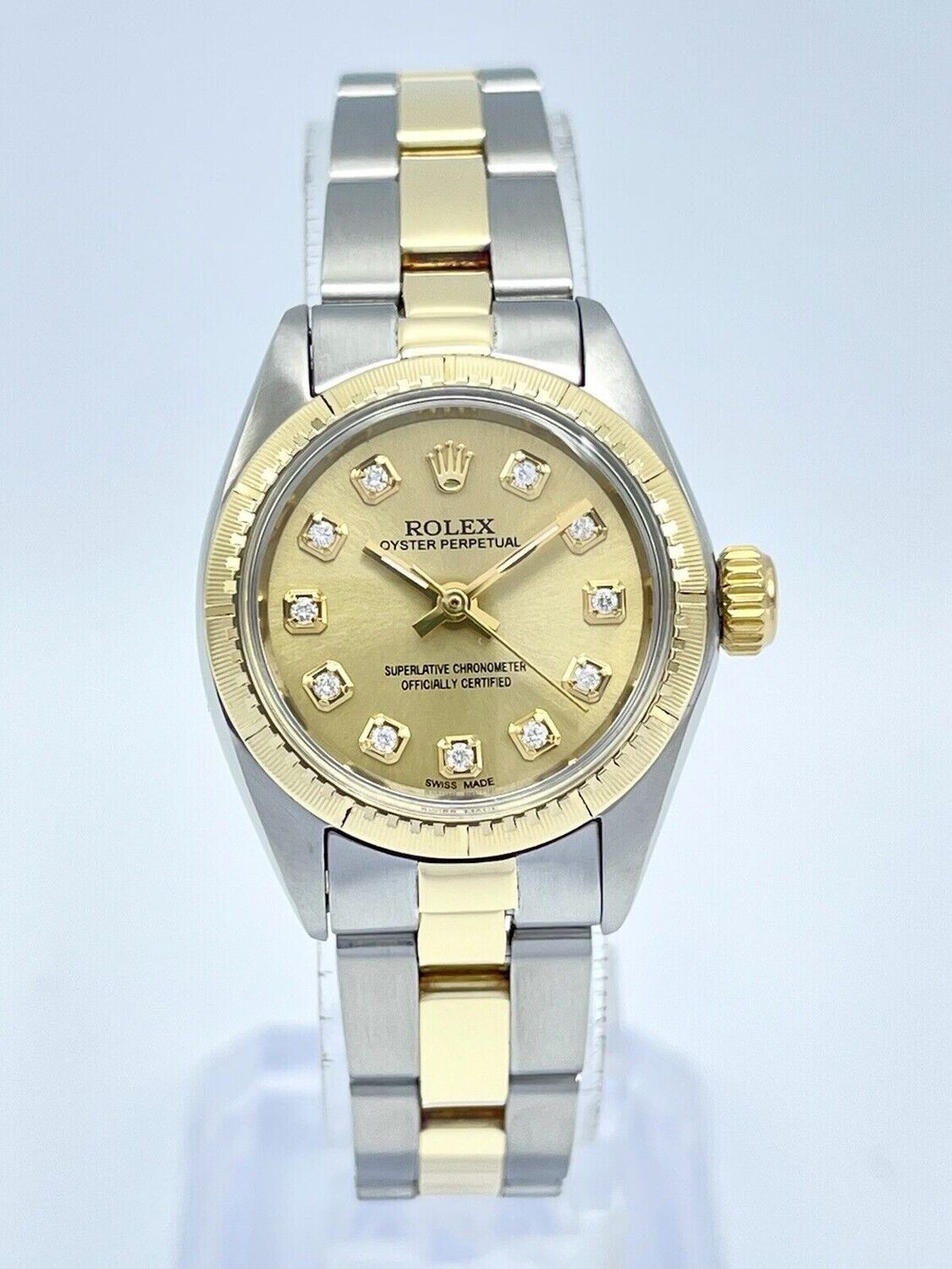 Ladies Rolex Oyster Perpetual 6724 24mm Gold Champagne Diamond Dial Two Tone
