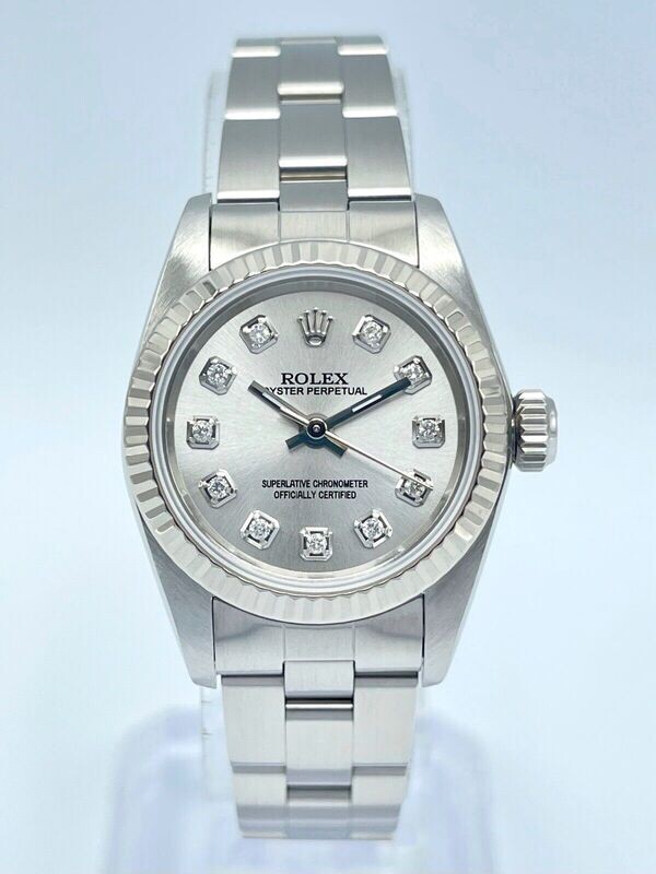 Ladies Rolex Oyster Perpetual 67194 24mm Silver Diamond Dial White Gold Fluted