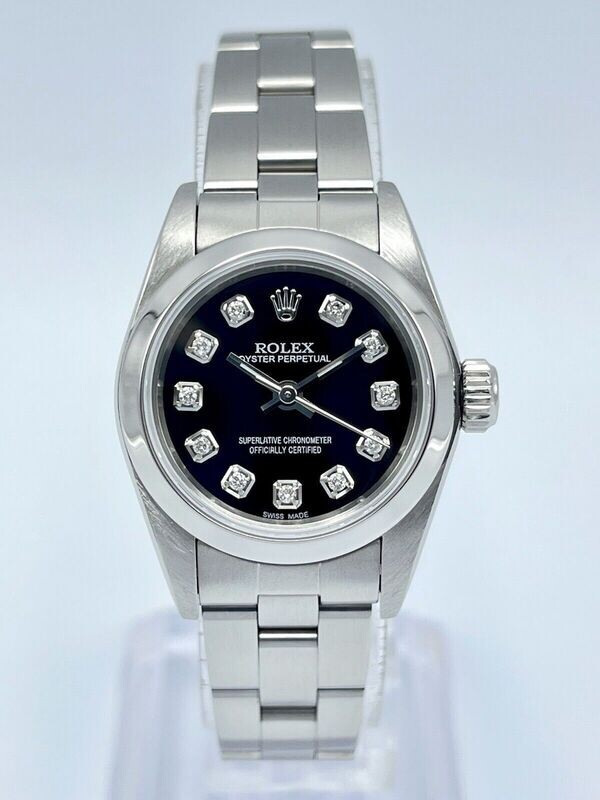 Ladies Rolex Oyster Perpetual 67180 24mm Black Diamond Dial Box Smooth Bezel
