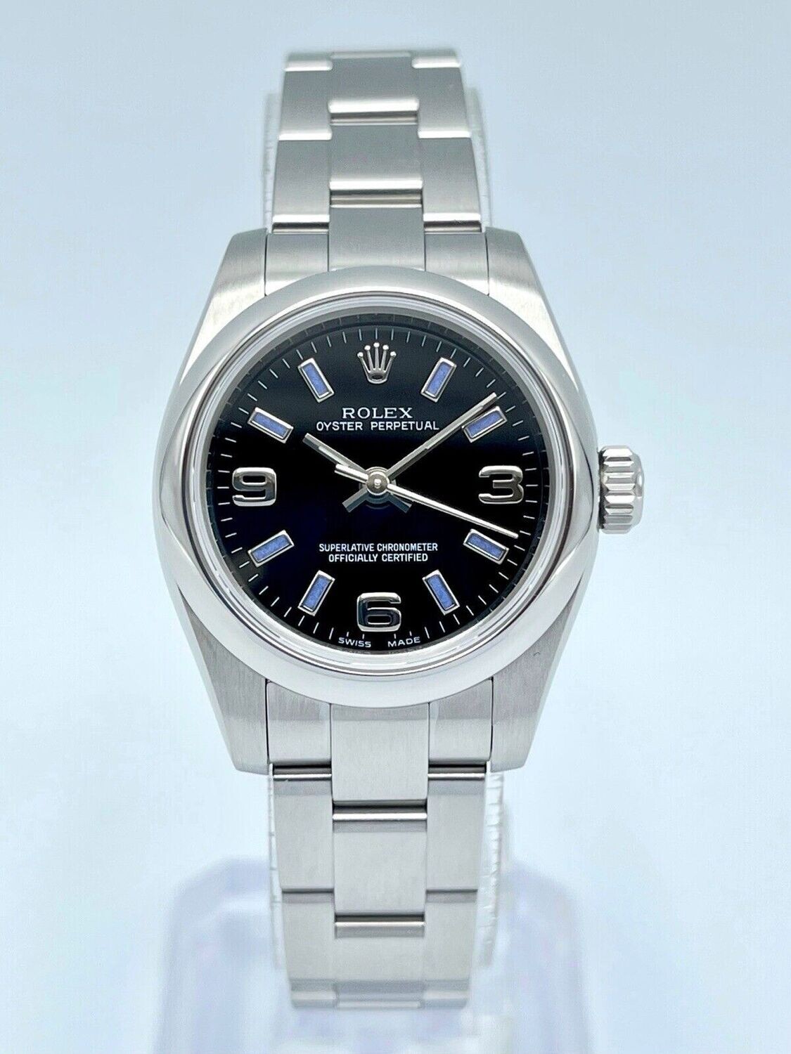 Ladies Rolex Oyster Perpetual 176200 26mm Black Dial Arabic 3-6-9 Baton Blue