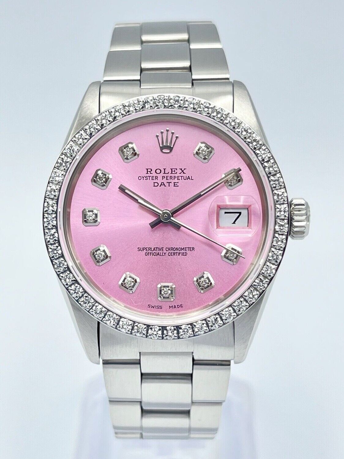 Rolex Oyster Date 34mm 1500 Pink Diamond Dial &amp; Diamond Bezel Datejust Box